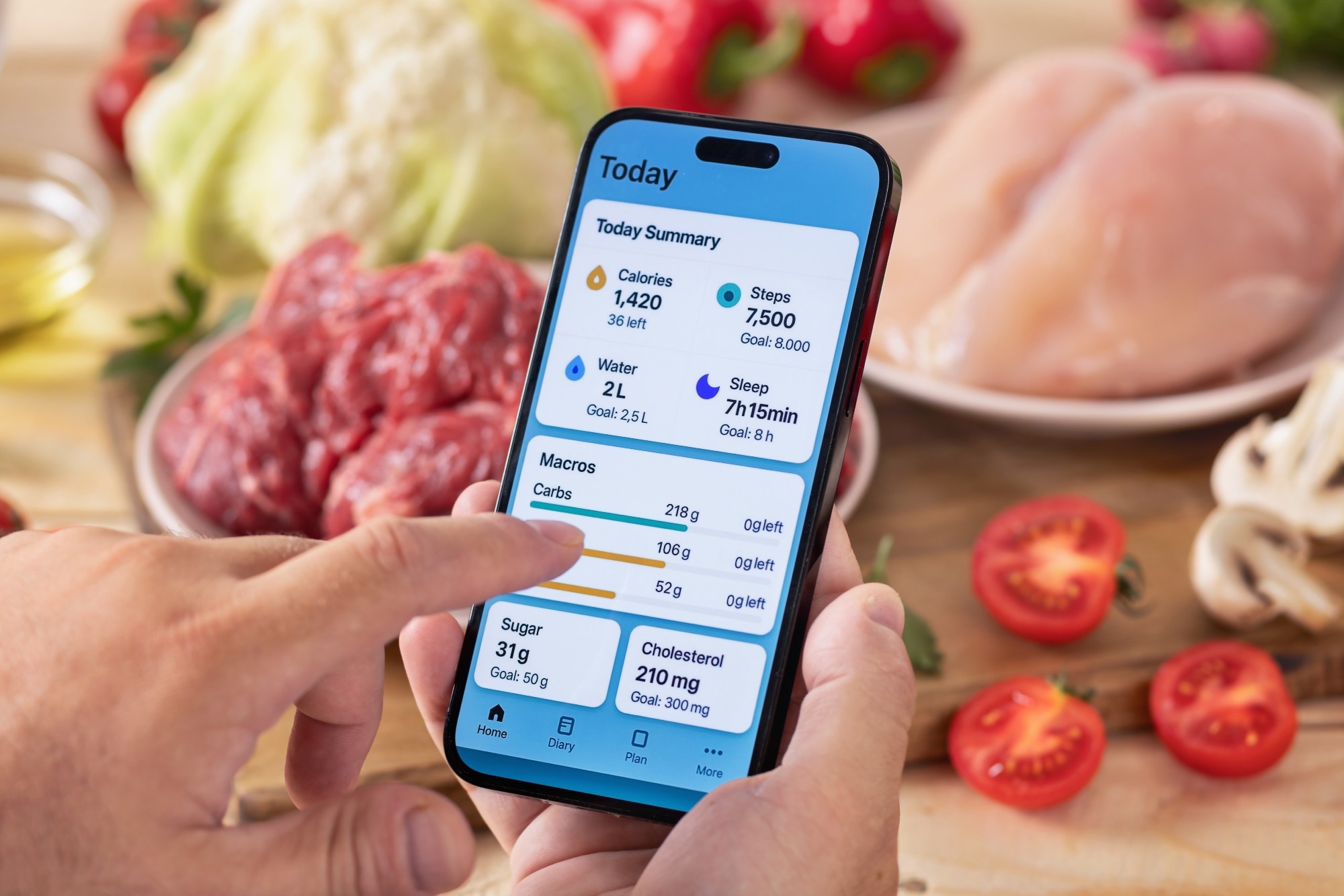 Person using mobile health app to monitor calories, macros, water intake, sleep, and steps, with fresh food ingredients in background